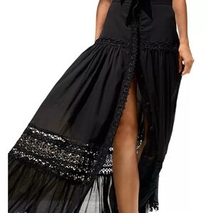 Charro Ruiz Ibiza Ann Crochet Trim Black Maxi Skirt with Lace Trim NWT XS